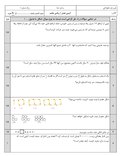آزمونک فصل 1 ریاضی هفتم؛ راهبردهای حل مسئله