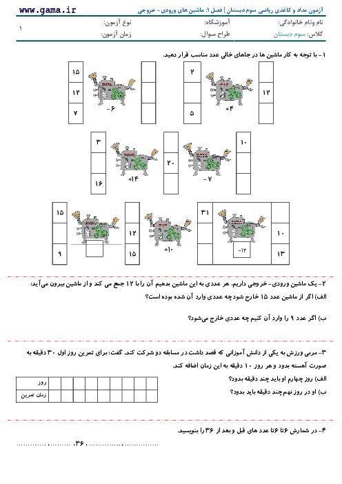 آزمون مداد و کاغذی ریاضی سوم دبستان | فصل 1: ماشین های ورودی - خروجی