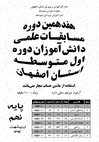 سوالات و پاسخ کلیدی هفدهمین دوره مسابقه علمی پایه نهم استان اصفهان | اردیهشت 1398 + پاسخ