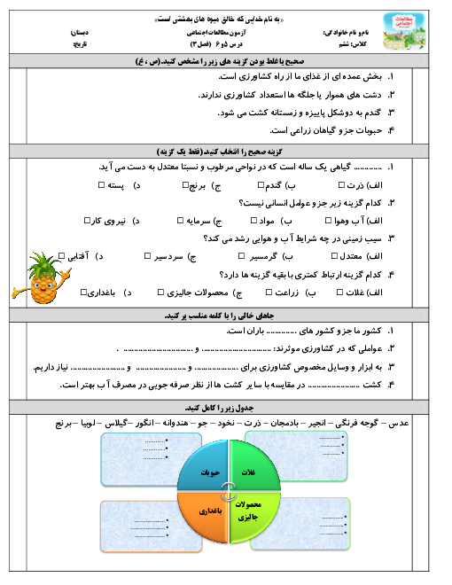 آزمون مداد کاغذی درس 5 و 6 مطالعات اجتماعی ششم دبستان معراج | فصل 3: کشاورزی در ایران