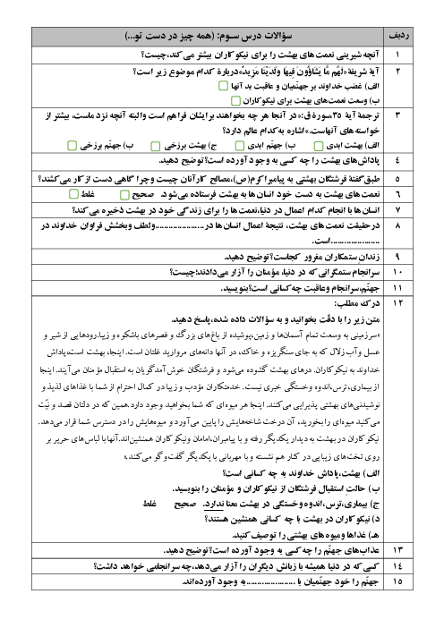 سؤالات امتحانی درس سوم پیام‌های آسمان پایه هشتم | همه چیز در دست تو