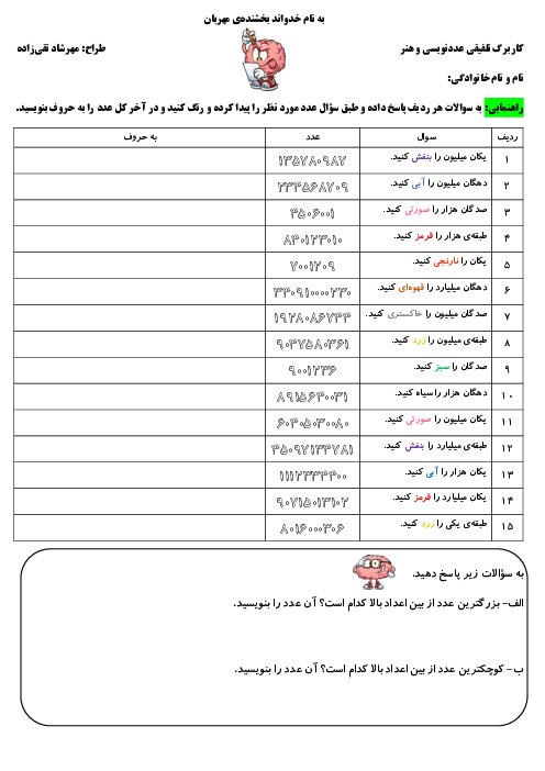 کاربرگ عددخوانی و عددنویسی میلیارد
