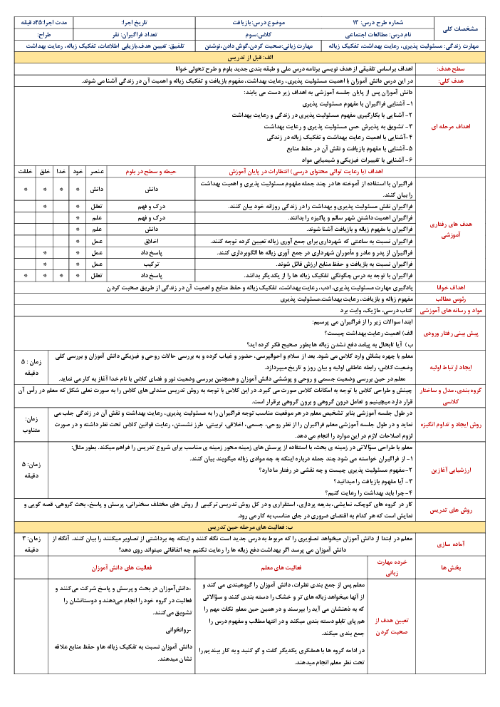 طرح درس روزانه مطالعات اجتماعی سوم دبستان | درس 13: بازیافت