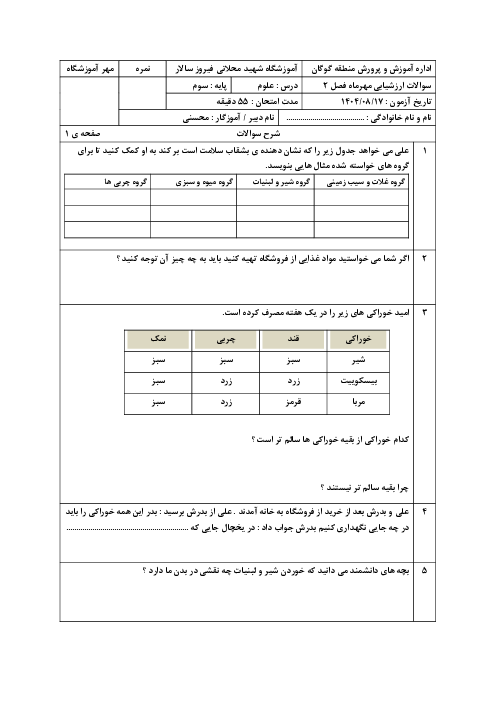 آزمون مفهومی درس 2: خوراکی‌ها | علوم پایه‌ی سوم دبستان