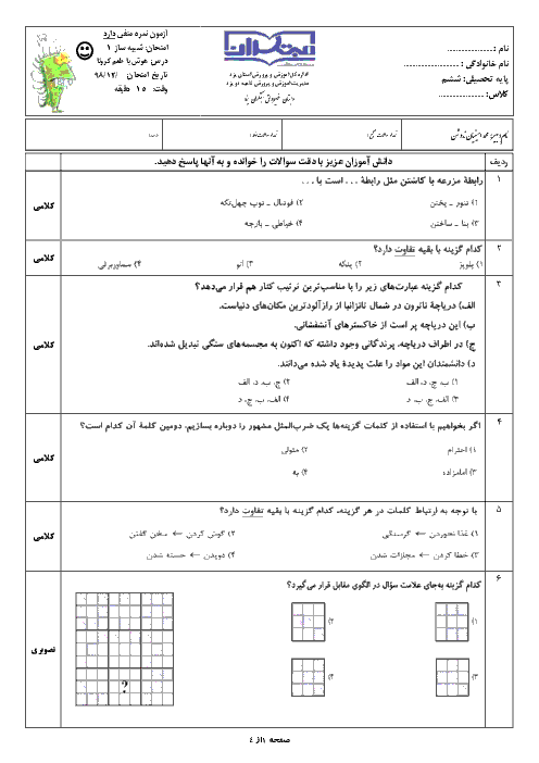 شبیه ساز سوالات هوش و استعداد تحلیلی ششم دبستان مبتکران بزد