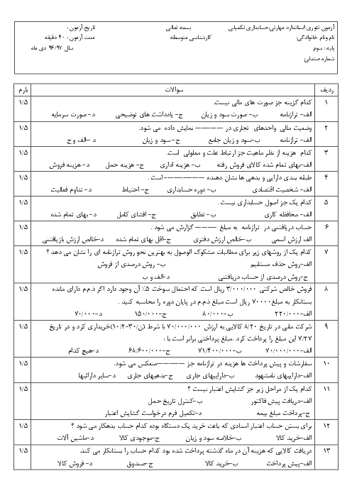 آزمون تئوری استاندارد مهارتی: حسابداری تكميلی  نوبت اول یازدهم هنرستان | دی 1396