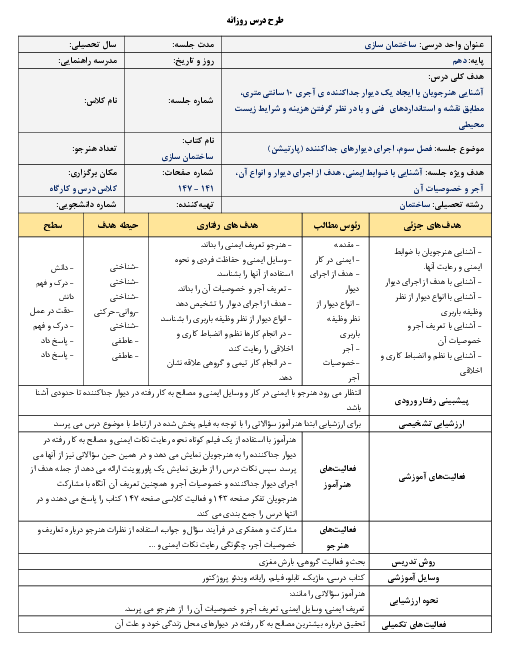 طرح درس روزانه ساختمان سازی دهم  | فصل 3: اجرای دیوارهای جداکننده (پارتیشن)