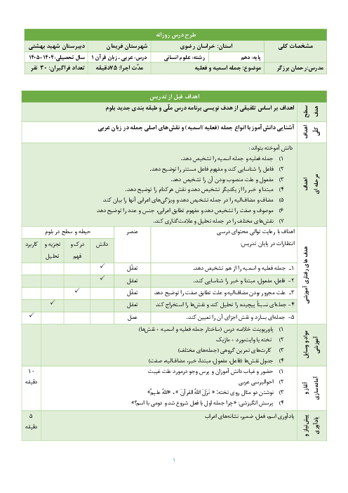 طرح درس روزانه جمله اسمیه و فعلیه