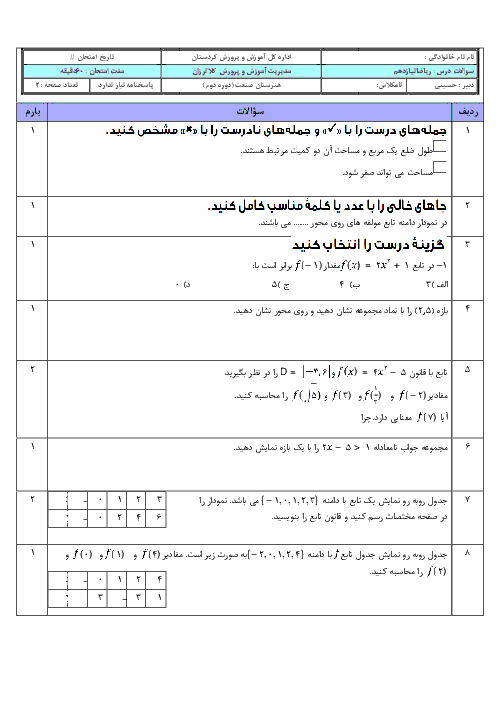 سوالات امتحان مستمر ریاضی (2) يازدهم هنرستان های فنی و حرفه ای