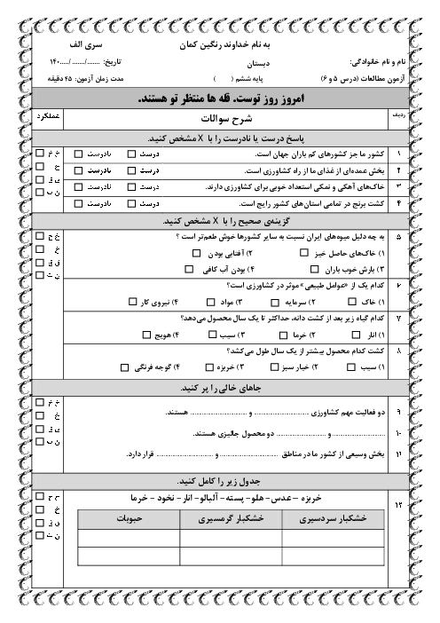 دو سری نمونه سوال آزمون فصل 3: کشاورزی در ایران (درس 5 و 6) | مطالعات اجتماعی ششم