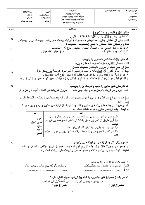 آزمون نوبت دوم فارسی و نگارش (3) دوازدهم هنرستان علم و صنعت | خرداد 1398