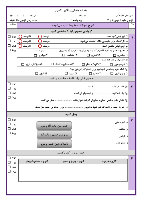 نمونه سوال مداد کاغذی درس 8 و 9 علوم پایه پنجم: ماشین‌های ساده