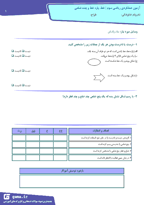 آزمون عملکردی ریاضی سوم دبستان شهید تقی پور | خط، پاره خط، چند ضلعی