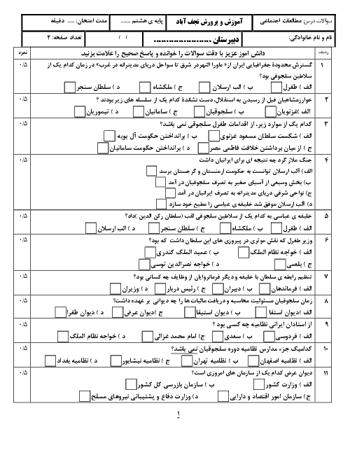 سوالات تستی مطالعات اجتماعی هشتم مدرسه پرفسور اسرافیلیان | درس 13 تا 24