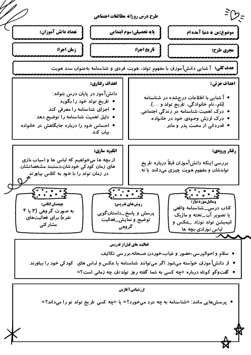 طراحی آموزشی درس 1: من به دنیا آمدم | طرح درس روزانه مطالعات سوم ابتدائی