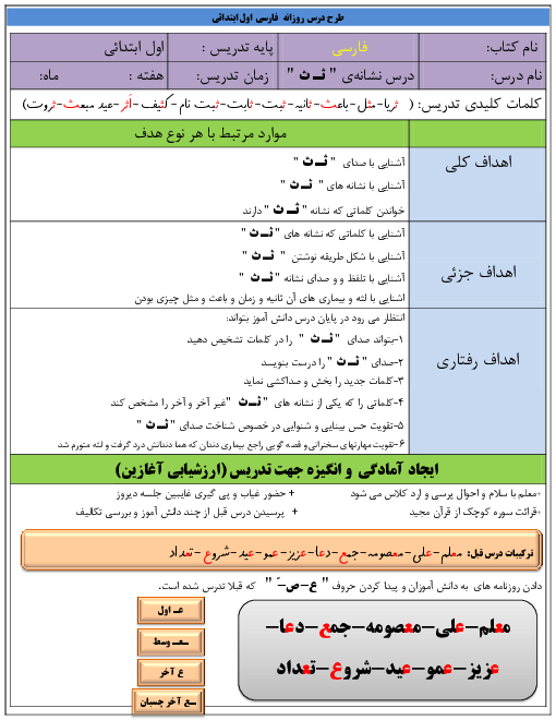 طرح درس روزانه فارسی اول دبستان | درس 18:  مثلِ خورشید نشانه‌ی ثـ ث