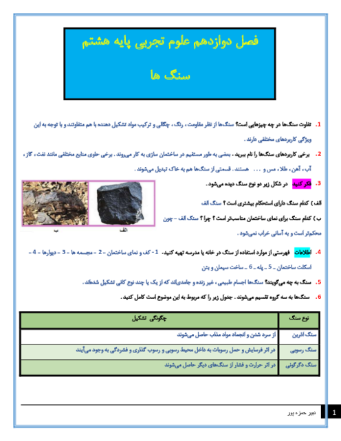 سوالات متن درس علوم تجربی هشتم با جواب | فصل 12 : سنگ ها