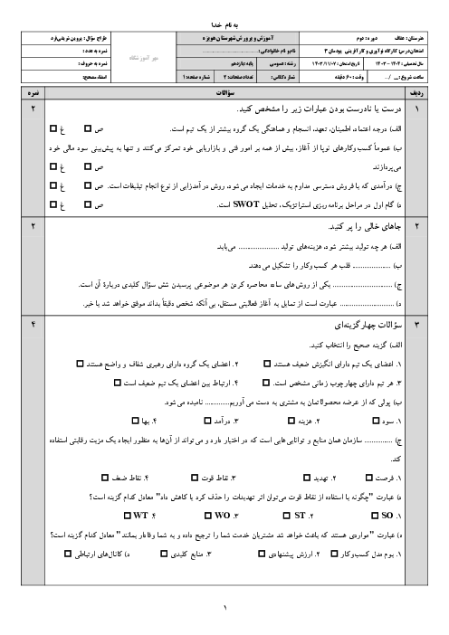 آزمون پودمان 3: طراحی کسب و کار | کتاب کارگاه نوآوری و کارآفرینی