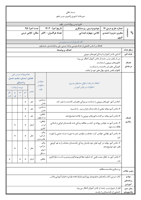 طرح درس ملی فارسی چهارم ابتدایی درس 16: پرسشگری