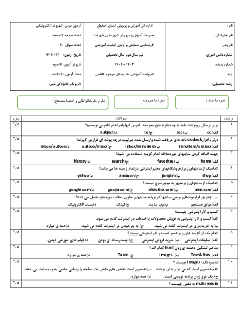 سوالات تستی آزمون نوبت دوم خرداد ماه 1403 درس شهروند الکترونیکی