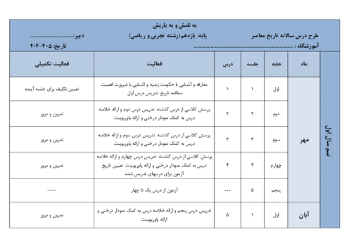 طرح درس سالانه کتاب درسی تاریخ معاصر ایران