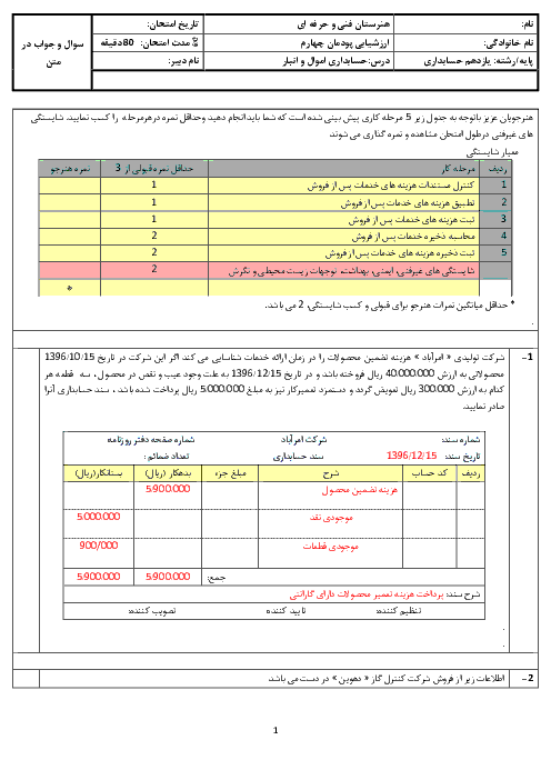 سوالات امتحان پودمان 4 حسابداری اموال و انبار  یازدهم هنرستان | ثبت هزینه‌های خدمات پس از فروش