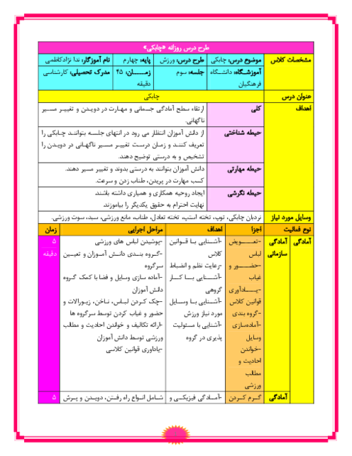 طرح درس روزانه تربیت بدنی دوره دوم ابتدایی: مهارت چابکی 