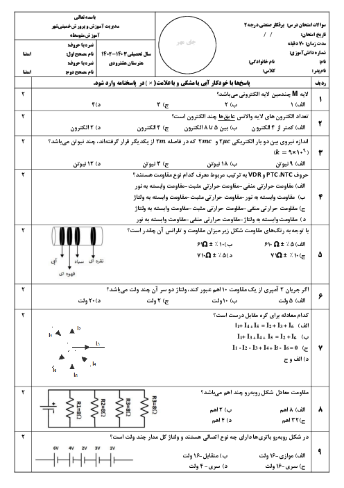 آزمون تئوری برقکار صنعتی درجه 2 هنرستان دکتر هشترودی