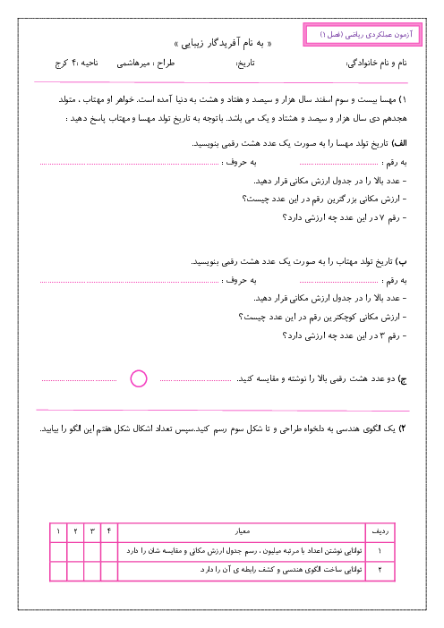 آزمون عملکردی اعداد با مرتبه میلیون و ساخت الگوی هندسی | ریاضی پایه چهارم دبستان