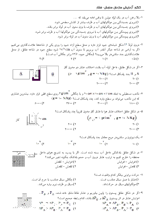آرشیو کنکورهای آزمایشی سنجش با پاسخ تشریحی | فیزیک (2)  فصل فشار
