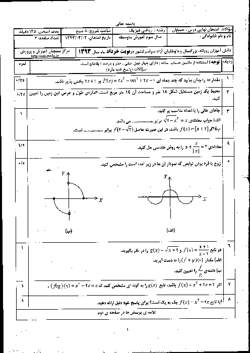 سوالات امتحان نهایی حسابان - خرداد 1393