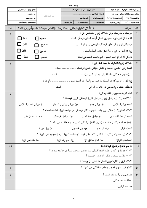 ارزشیابی نوبت دوم مطالعات فرهنگی دوازدهم دبیرستان فاطمه الزهرا | اردیبهشت 1402