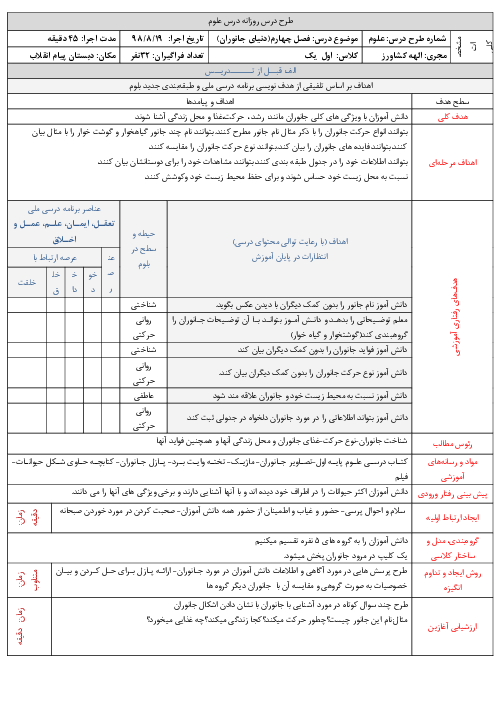 طرح درس روزانه علوم تجربی اول دبستان | درس 4: دنیای جانوران