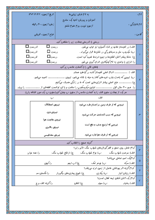 آمادگی آزمون نوبت دوم علوم ششم دبستان برادران احمدی