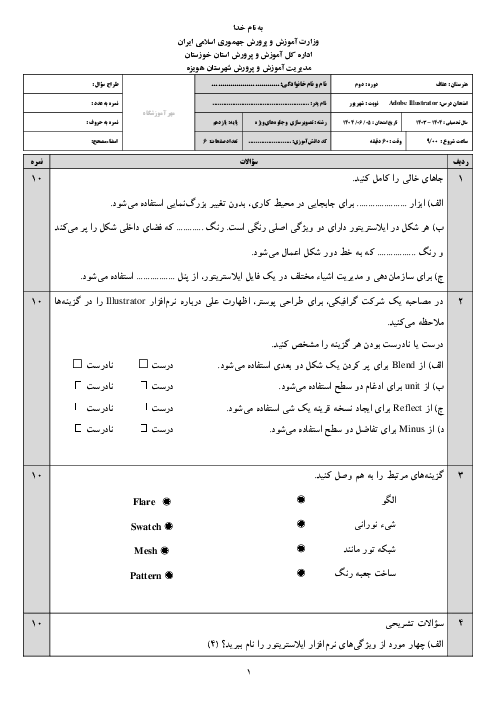 نمونه سوال امتحان نوبت شهریور 1404 درس ایلاستریتور هنرستان عفاف