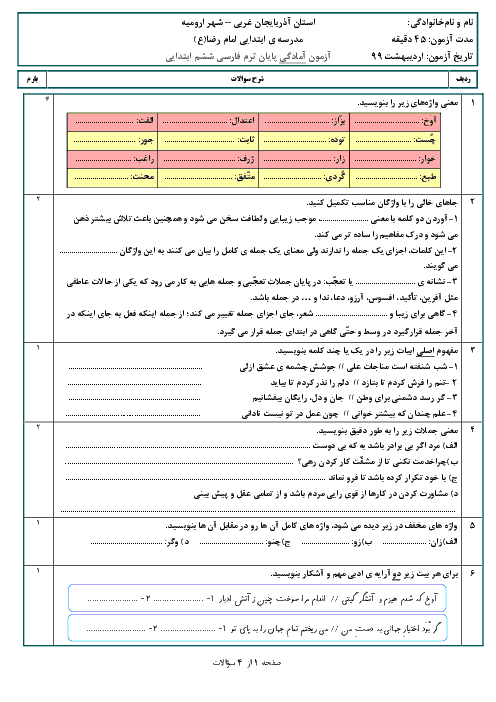 آزمون نوبت دوم ادبیات فارسی ششم دبستان امام رضا ارومیه | اردیبهشت 1399