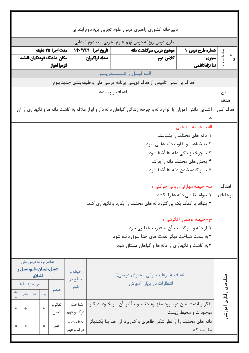 طرح درس ملی روزانه درس 9 علوم تجربی پایه دوم ابتدایی | سرگذشت دانه