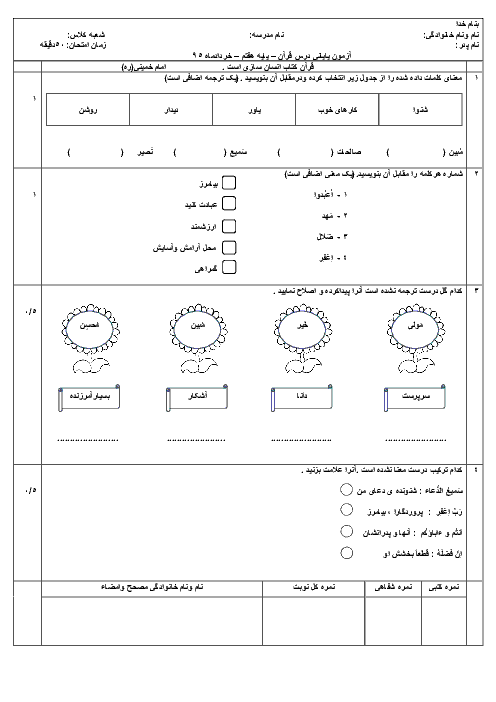 امتحان نوبت دوم آموزش قرآن پایه هفتم دبیرستان سید احمد خمینی میناب | خرداد 95