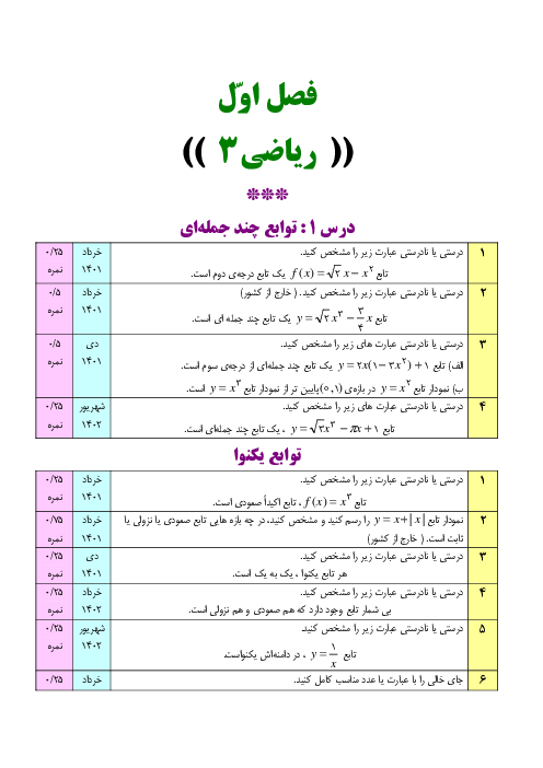 سئوالات موضوعی نهایی فصل اول ریاضی3 رشته‌ی علوم تجربی