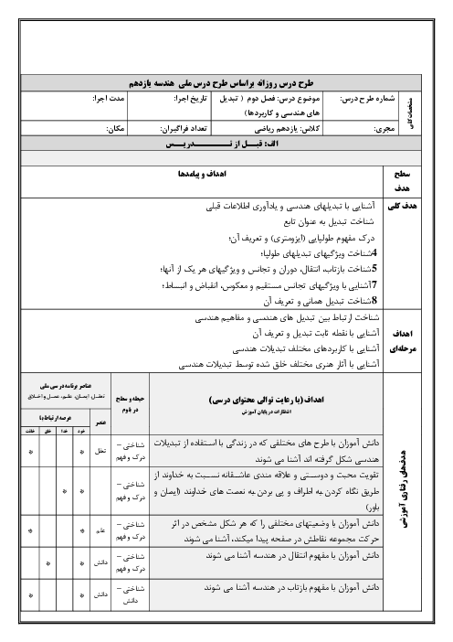 الگوی تدریس فصل 2: تبدیل‌های هندسی و کاربردها | طرح درس ملی هندسه 2 