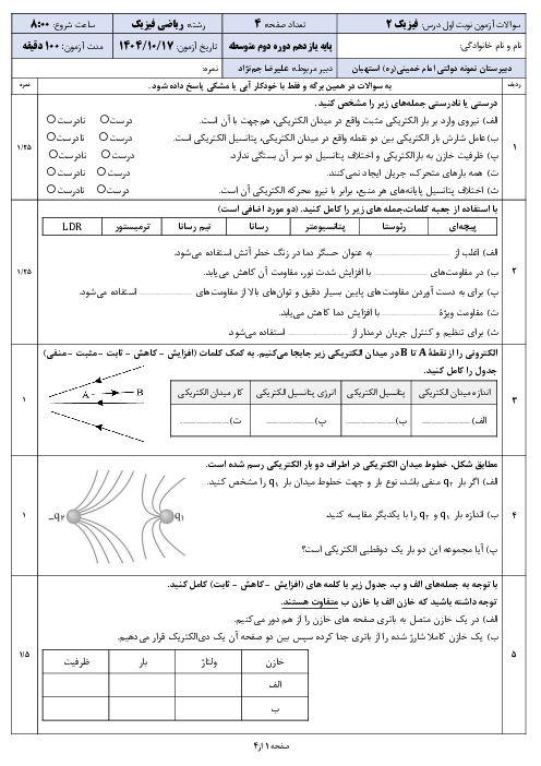 امتحان نوبت اول فیزیک یازدهم رشته ریاضی دبیرستان نمونه امام خمینی دی 1404