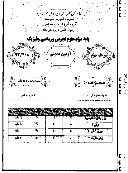 مرحله دوم آزمون علمی پایه دوم ریاضی و فیزیک با پاسخ تشریحی | استان یزد 1393 