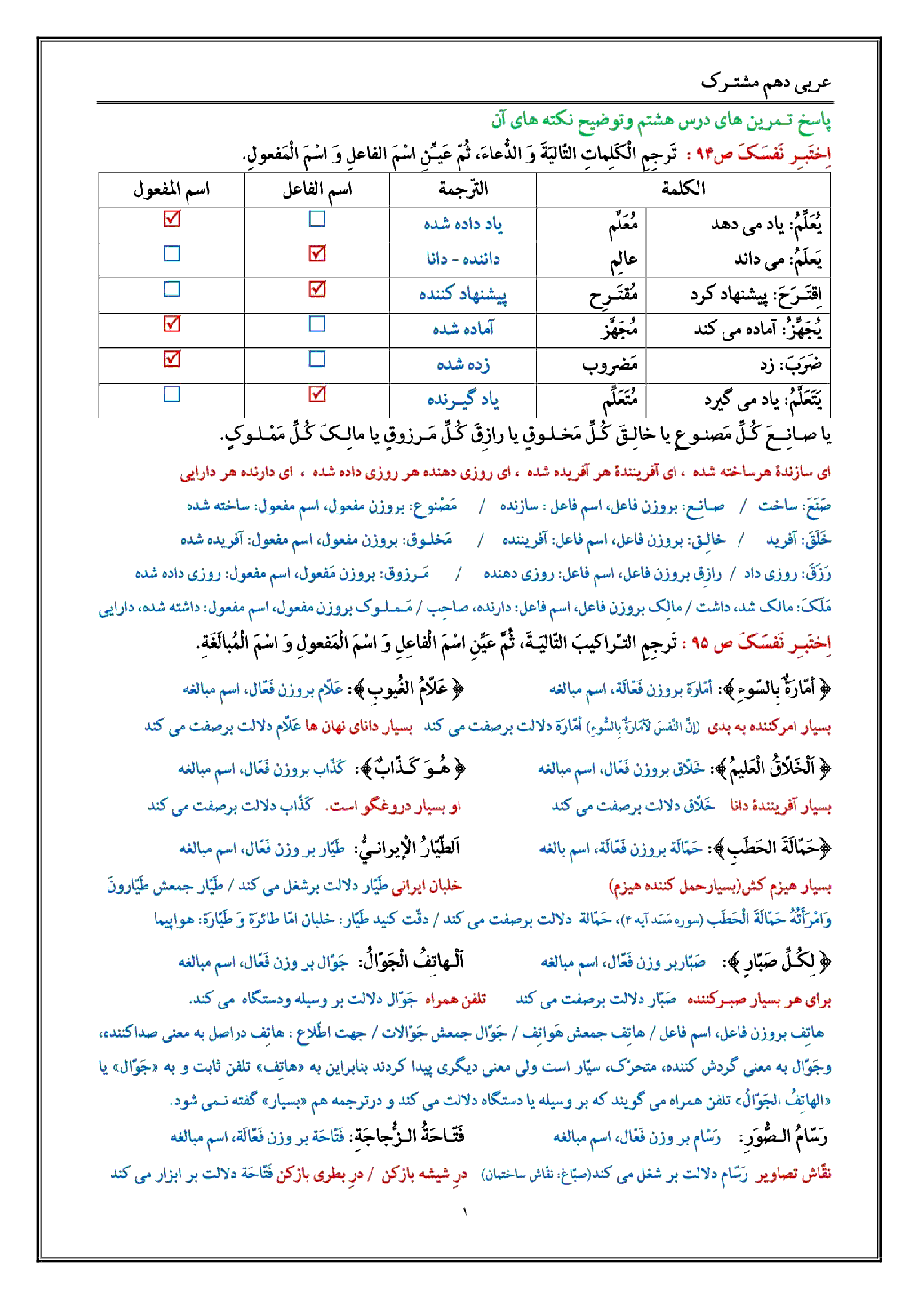 راهنمای حل تمارین (1 تا 6   انوار قرآن) همراه با نکات درس 8 عربی (1) دهم ریاضی و تجربی