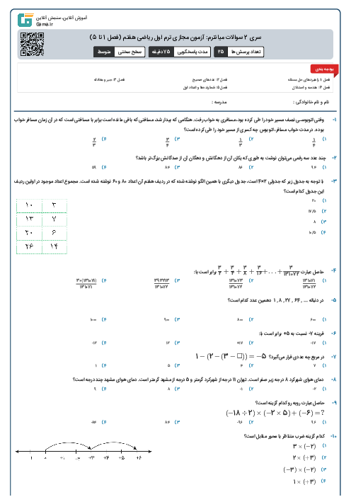 سری 2 سوالات میانترم: آزمون مجازی ترم اول ریاضی هفتم (فصل 1 تا 5)