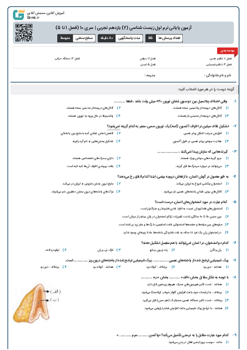 آزمون پایانی ترم اول زیست شناسی (2) یازدهم تجربی | سری 10 (فصل 1 تا 5)