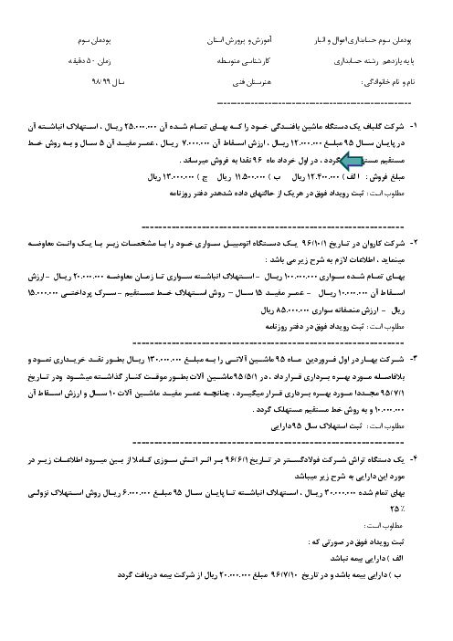 آزمون پودمانی درس حسابداری اموال و انبار یازدهم  | فصل 3: صدور اسناد کنار گذاری و فروش دارایی ثابت