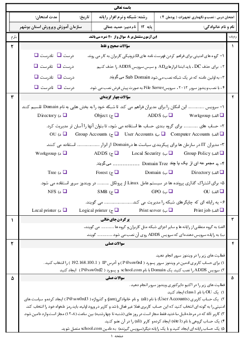 آزمون پودمانی نصب و نگهداری تجهیزات شبکه و سخت‌افزار دوازدهم هنرستان | پودمان 4: مدیریت متمركز منابع شبكه