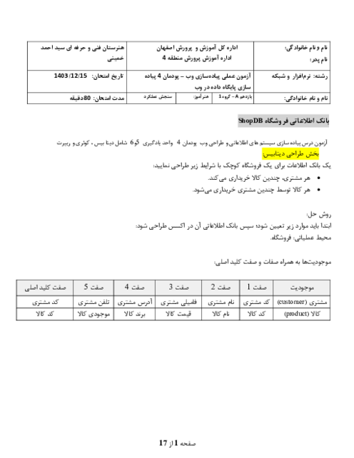 آزمون عملی پیاده سازی سیستم‌های اطلاعاتی و طراحی وب یازدهم | پودمان 4: پیاده سازی پایگاه داده در وب