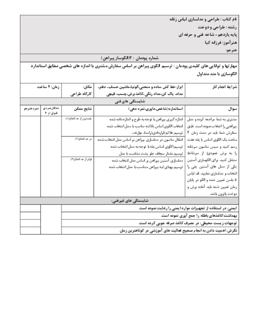 آزمون عملی پودمان 2 درس طراحی و مدلسازی لباس زنانه؛ الگوساز پیراهن