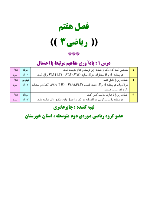 سئوالات موضوعی نهایی فصل هفتم ریاضی3 رشته‌ی علوم تجربی